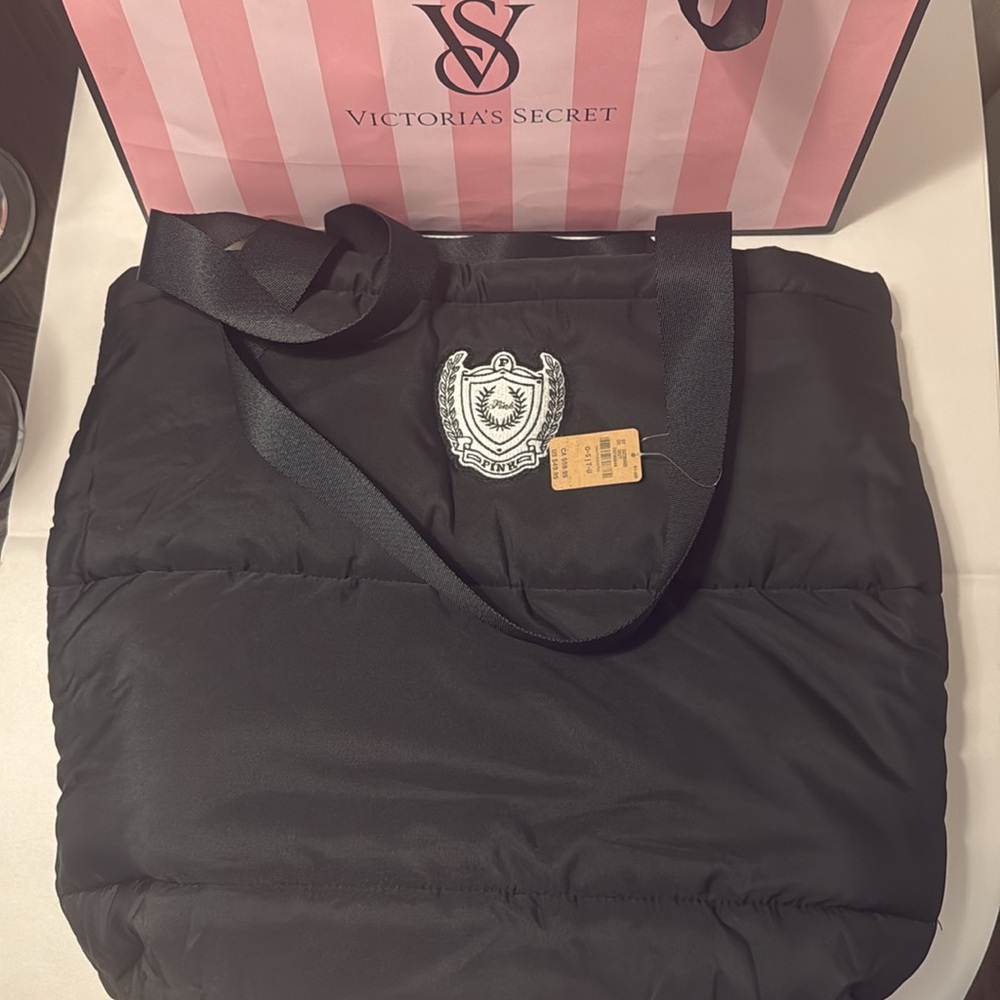 Victoria Secret Black puffy Tote Bag with Embroidered PINK Logo